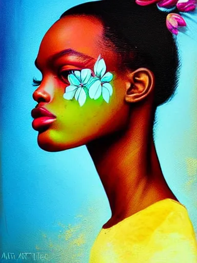 Image similar to double exposure portrait of duckie thot with a floral background : : painted by artgerm, karol bak, artur bordalo, sandra chevrier : : portrait, character, illustration, hyperrealism, photorealism, double exposure, negative space