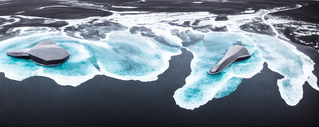 Image similar to cinematic shot of giant symmetrical futuristic military spacecraft in the middle of an endless black sand beach in iceland with icebergs in the distance,, 2 8 mm