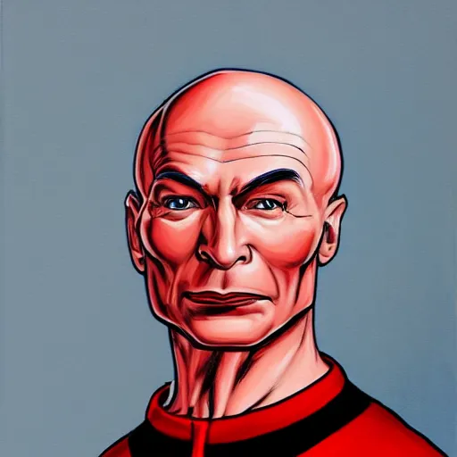 Image similar to a hyper real comic book style portait painting of captain picard with a red dress and lipstick