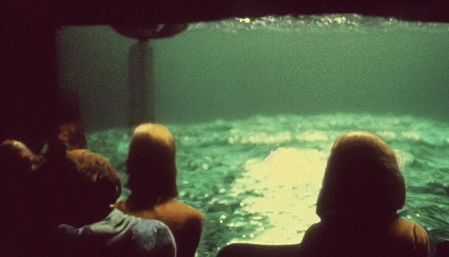 Prompt: 7 0 s film still from a horror movie about people sitting at the bottom of the ocean, kodachrome, cinecolor, cinestill, film grain, film texture, retro, cinematic, high resolution, photorealism,