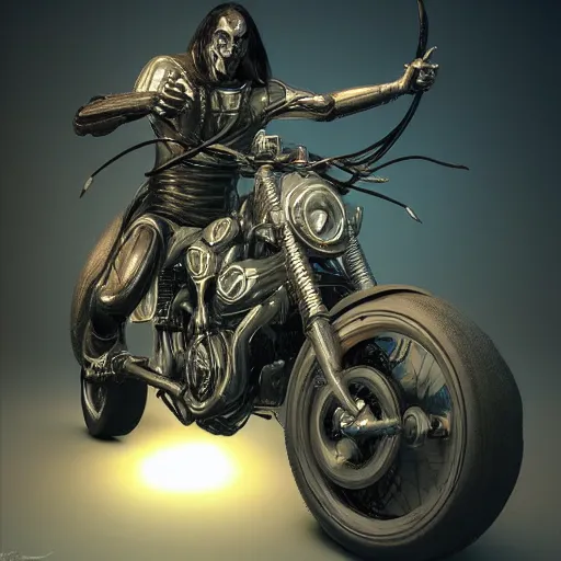 Prompt: a sci - fi biker fused with his bike, art by hr giger, dramatic, volumetric lights, octane rendering, trending on artstation, greeble