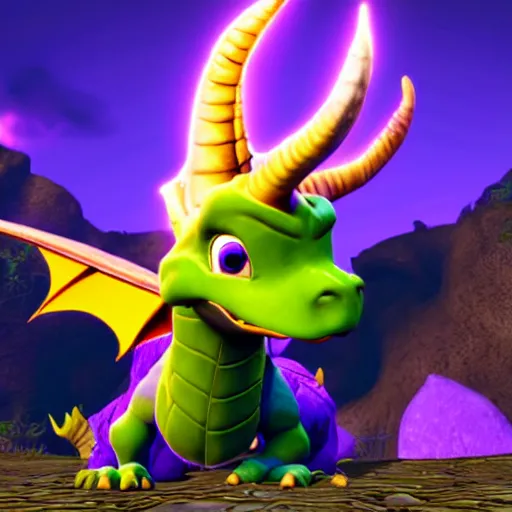 Prompt: Spyro The Dragon breathing fire at his enemy, unreal engine, video game hud,