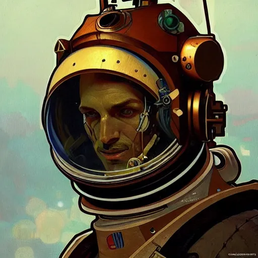 Prompt: portrait of a vicotrian steampunk astronaut man in suit by darek zabrocki and greg ruthkowski, alphonse mucha, simon stalenhag and cinematic and atmospheric, concept art, artstation, trending on artstation