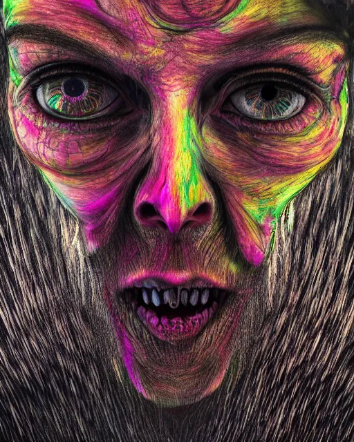 Prompt: realistic portrait of a creature experiment gone wrong, psychedelic, dark art, facing camera, photo realistic, detailed, 1 4 5 0, delicate, hyper realism, ultra realistic, 8 k