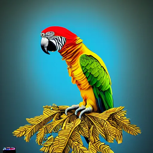 Image similar to parrots wearing golden rings and necklaces, with rap cap on head, rapping and sitting on golden trees, rap scene, cyberpunk concept art, trending on artstation, highly detailed, digital art, 8 k