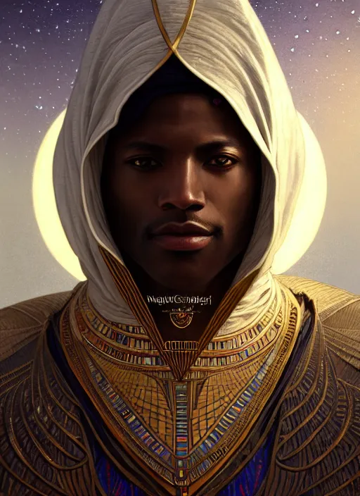 Image similar to close up portrait of noble khonsu under moonlight, egyptian symbolism, masculine, hooded african man wrapped in linen by artgerm, cushart krenz, greg rutkowski, mucha. art nouveau. gloomhaven, swirly lunar ripples, pale colors, sharp edges. ultra clear detailed. 8 k. elegant, intricate, octane render