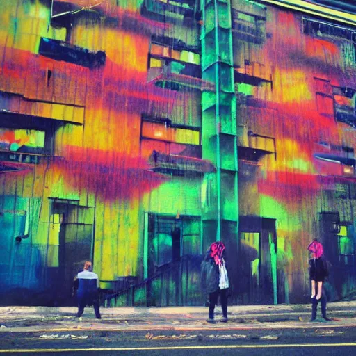 Prompt: a couple of people standing in front of a building, graffiti art by andre de krayewski, featured on flickr, crayon art, dystopian art, multiple exposure, glitch art