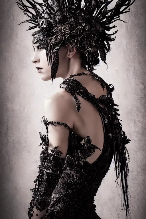 Image similar to a portrait of female model by stefan geselle and nekro borja, photorealistic, intricate details, hyper realistic, dark fantasy, ornate headpiece, dark beauty, photorealistic, canon r 3, photography, wide shot, photography, dark beauty, symmetrical features, wide angle shot, whole body, full body shot, 3 / 4 shot