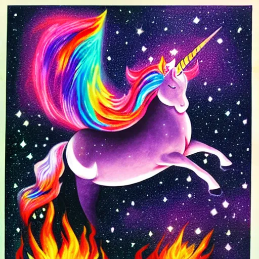 Image similar to unicorn on fire in space