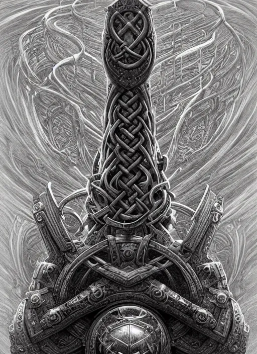 Image similar to hyper detailed ultra sharp mjollnir lightning hammer shape, epic aesthetic, doom, elden ring, stylized viking knotwork, masterpiece, elite, ornate, intricate, digital painting, concept art, smooth, sharp focus, illustration, art by zdizslaw beksinski and dan mumford, alexey egorov, felix englund