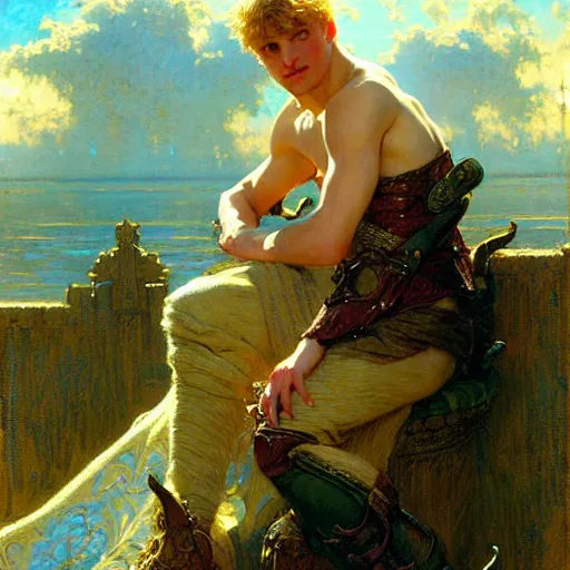 Prompt: attractive arthur pendragon in love with attractive male merlin. highly detailed painting by gaston bussiere, craig mullins, j. c. leyendecker