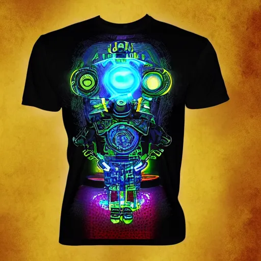 Image similar to mockup of a black tshirt with a hyperdetailed portrait of a steampunk robot on lsd, 8 k, symetrical, flourescent colors, trippy mood, multicolored,