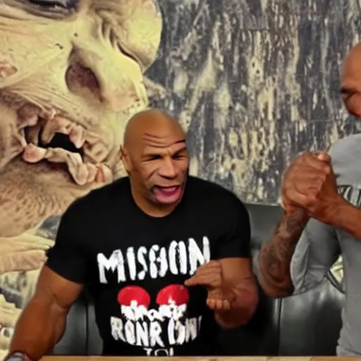 Image similar to mike tyson eating a handful of shrooms on joe rogan podcast