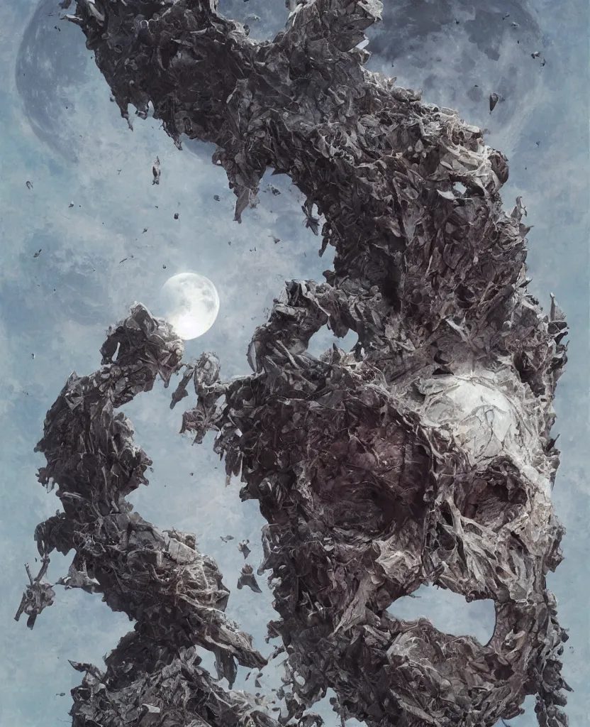 Image similar to moon made from thousands body corpses of Nicolas Cage, highly detailed, artstation, art by (((Szukalski))), wayne barlowe, phil hale