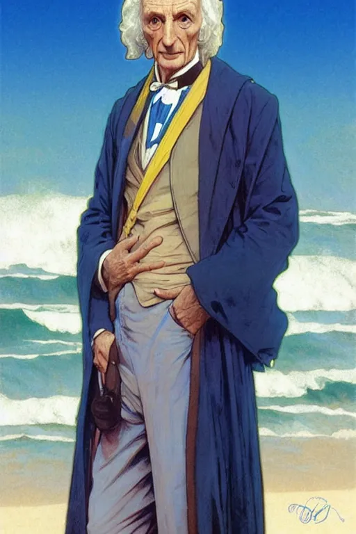 Prompt: the first doctor, william hartnel on a beach, wearing a blue shirt with horizontal rainbow stripe, the ocean in the background, swirling colourful stars in the background, art by artgerm and greg rutkowski and alphonse mucha