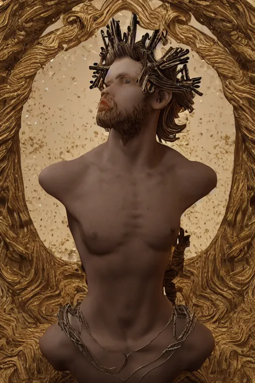 Image similar to full marble baroque style sculpture of handsome young seductive Spanish prince with a spiky hair, wearing a crown made out of woven pipe cleaners, background floating in outer space, photorealism, octane render, artgem, Trending on artstation