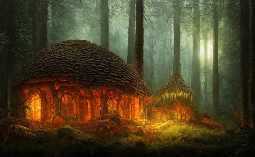 Prompt: A mushroom house, light coming from the windows, in a dark forest, macro, underexposed, overecast, mysterious matte painting by greg rutkowski and marc simonetti and Ivan Shishkin