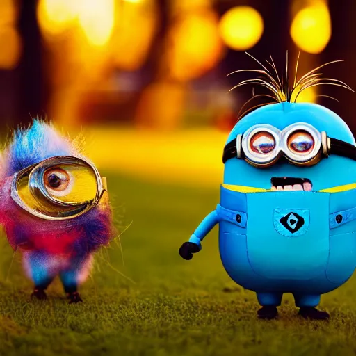 Image similar to a cute colorful minion and furby morphothion, photography, golden hour, bokeh, colorful, saturated, cinematic lighting, volumetric light