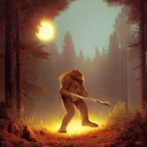 Image similar to UHD photorealistic Bigfoot playing electric guitar under a full moon, by Greg Rutkowski and Albert Bierstadt