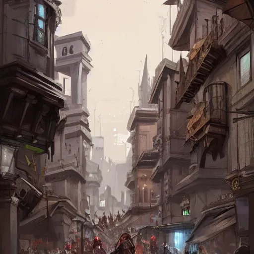 Image similar to walking down busy stone streets in d & d city with mostly small buildings surrounding a distant colosseum, artstation