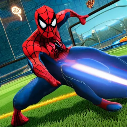 Prompt: spiderman in rocket league, teaser trailer photo