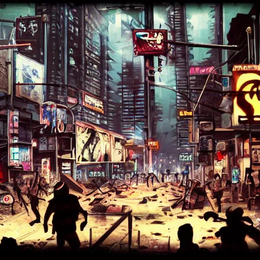 Prompt: riot in a cyberpunk city streets - n 9