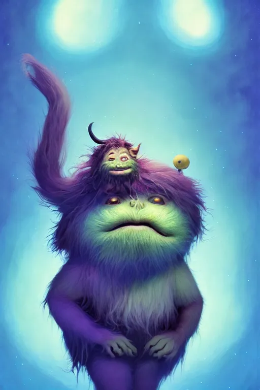 Image similar to a surreal Bioluminescent, very very very cute Hairy Troll in a happy world by Daniel Merriam, Trending on Artstation, oil on Canvas by Elena Zhurikhina and Goro Fujita and Charlie Bowater, octane render, 4k, 8k, HD