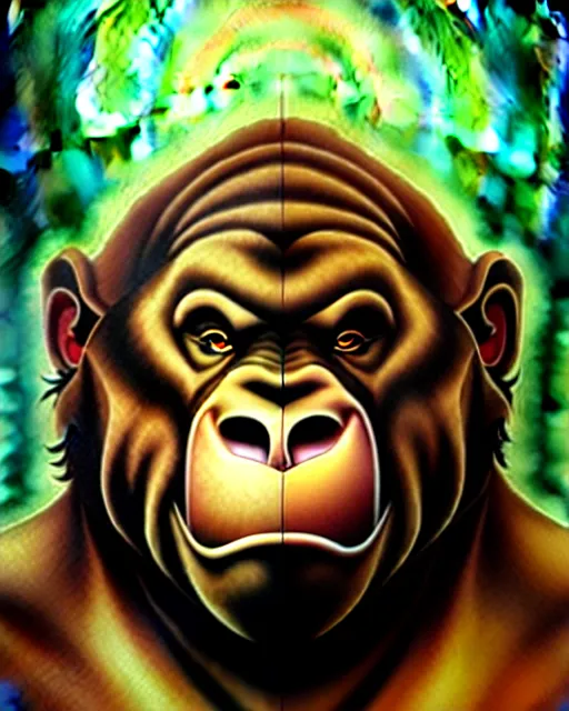 Image similar to don bluth, loish, artgerm, joshua middleton, steampunk, clockpunk anthropomorphic gorilla, brown suit, smiling, symmetrical eyes symmetrical face, colorful animation forest background