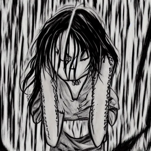 Prompt: grunge drawing of a happy sleeping giant in the style of the grudge | horror themed | loony toons style