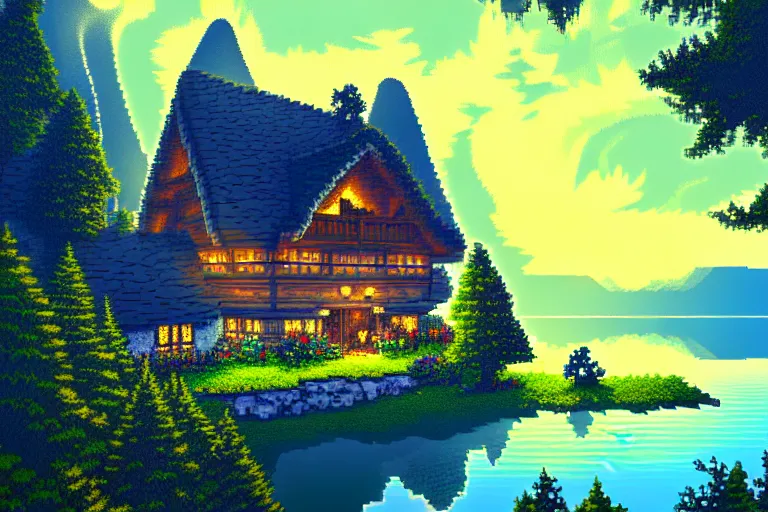 Prompt: view of a cottage above an azure lake, beautiful detailed pixelart by albertov and by kirokaze, intricate details, dithered gradients, beautiful, volumetric lighting, cgsociety, artstation