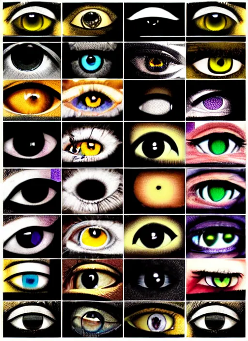 Image similar to grid montage of cube shaped eyes, square shaped black dilated pupils, cube shaped irises, detailed colored textures, eyelashes, advanced art, art styles mix, from wikipedia, wet reflections in square eyes, sunshine light, hd macro photograph, from side, various eyelid positions, square black pupil centered