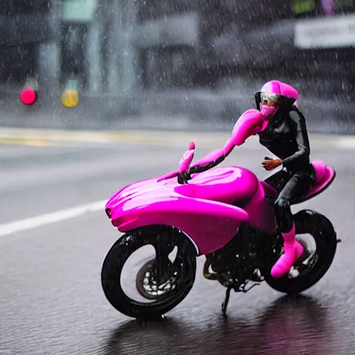 Image similar to hyper realistic, photo, humanoid pink female Squid girl, popping motorcycle wheelie on fast in the rainy city traffic