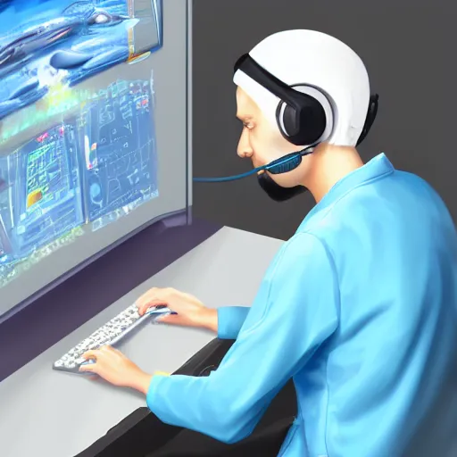 Image similar to An anthropomorphic grey dolphin in a white lab-coat playing games on a computer, digital painting, close-up, wearing a headset