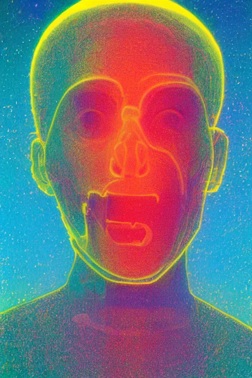 Prompt: an holographic glass closeup xray portrait of a young english man sucking a blotter paper of lsd acid and dreaming psychedelic hallucinations in the vast icy landscape of antarctica, by kawase hasui, moebius and edward hopper, colorful flat surreal design, xray hd, 8 k, artstation