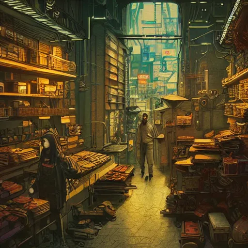 Image similar to cyberpunk merchant in their shop, Industrial Scifi, detailed illustration, Chiaroscuro, concept art, blade runner 2049, by Martin Grip and Moebius