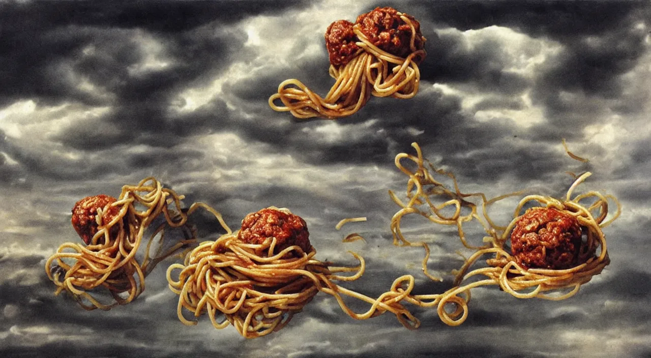 Prompt: spaghetti bolognesa with meatballs and hundred rusted perfect woman bodies flying in stormy clouds by dali, hyper - realism