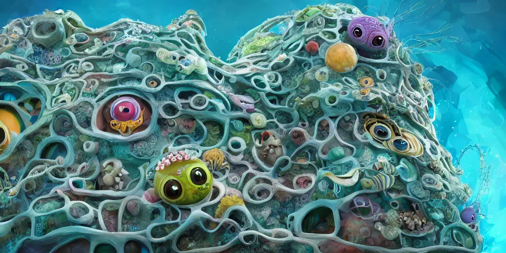 Image similar to of an intricate sea reef with strange cute friendly happy creatures with huge eyes, mouth, long tongue, round teeth and goofy face, appearing from the background, in the style of gehry and gaudi, macro lens, shallow depth of field, ultra detailed, digital painting, trending artstation, concept art, illustration, cinematic lighting, photorealism, epic, octane render