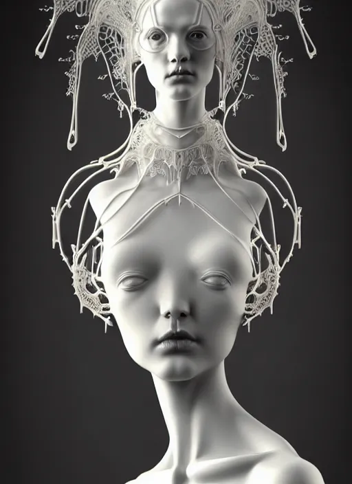 Image similar to dreamy soft luminous bw 3 d octane render, beautiful spiritual angelic biomechanical albino girl cyborg with a porcelain profile face, very long neck, rim light, big leaves and stems, roots, fine foliage lace, alexander mcqueen, art nouveau fashion embroidered collar, steampunk, silver filigree details, hexagonal mesh wire, mandelbrot fractal, elegant