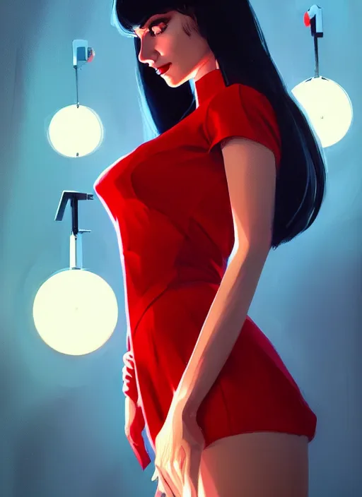 Image similar to portrait of veronica lodge with bangs, 1 9 6 0 s, long hair, red clothes, bangs, intricate, elegant, glowing lights, highly detailed, digital painting, artstation, concept art, smooth, sharp focus, illustration, art by wlop, mars ravelo and greg rutkowski