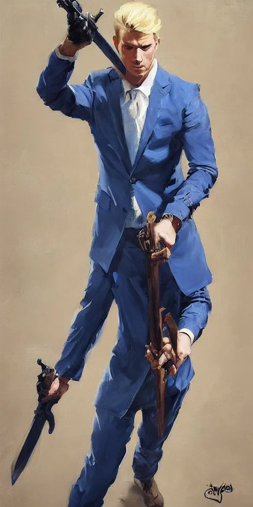 Image similar to greg manchess portrait painting of a blond man in a blue suit with a sword and a pistol, asymmetrical, profile picture, organic painting, sunny day, matte painting, bold shapes, hard edges, street art, trending on artstation, by huang guangjian, gil elvgren, ruan jia, randy vargas, greg rutkowski