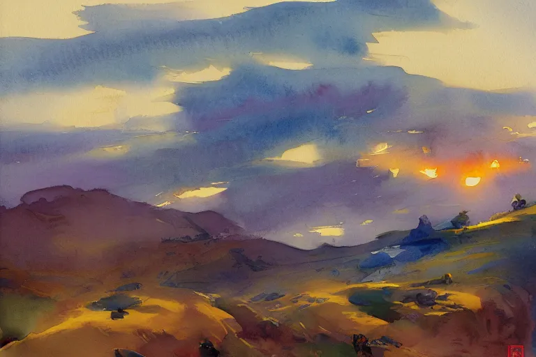 Prompt: small centered on watercolor paper, paint brush strokes, abstract watercolor painting of golden night over blueberry hills, cinematic light, american romanticism by hans dahl, by jesper ejsing, by anders zorn, by greg rutkowski, by greg manchess, by tyler edlin