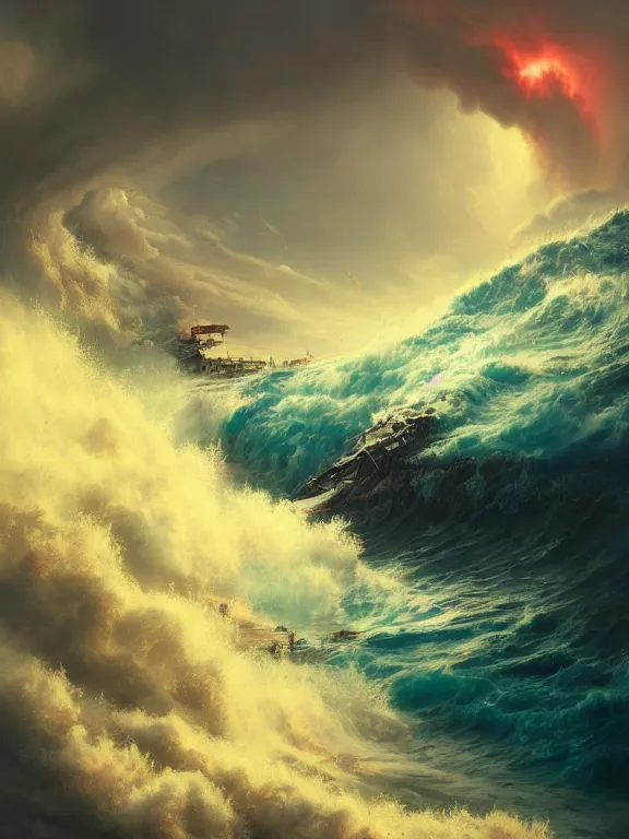 Prompt: photo of 8k ultra realistic nuclear explosion, heavy storm, rain, large waves, full of colour, cinematic lighting, battered, trending on artstation, 4k, hyperrealistic, focused, extreme details,unreal engine 5, cinematic, masterpiece, art by Peter Mohrbacher