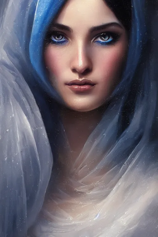 Image similar to arab Ameera al-Taweel, bright blue eyes, long wavy black hair, white veil, closeup, focus face, elegant, highly detailed, centered, oil painting, artstation, concept art by tom bagshaw