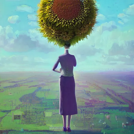 Prompt: giant daisy flower head, woman in suit, standing next to modern window in luxury loft, surreal photography, sunlight, impressionist painting, digital painting, artstation, simon stalenhag