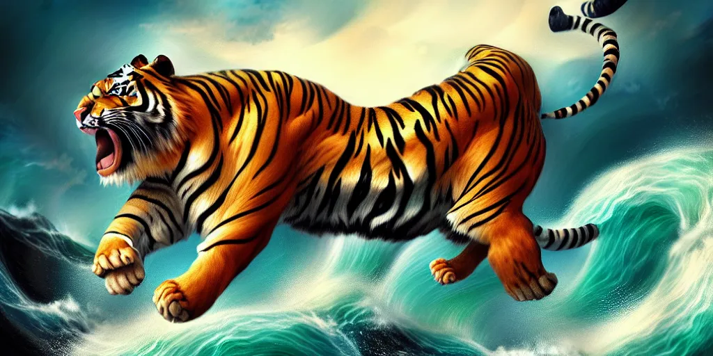 Prompt: fierce wild muscular tiger wearing a multi variety fruit hat riding a giant oceanic wave shattering through a mountain triumphantly, artstation, detailed