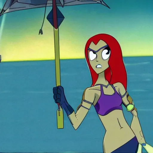 Prompt: A still from the Teen Titans animated series beach episode (2003)