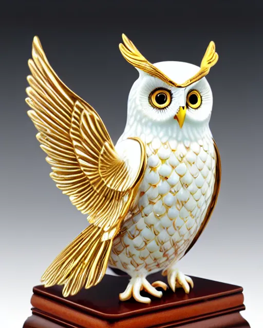 Image similar to gorgeous ornated snow white porcelain realistic detailed sacred owl statue with golden filigree carved out of ivory