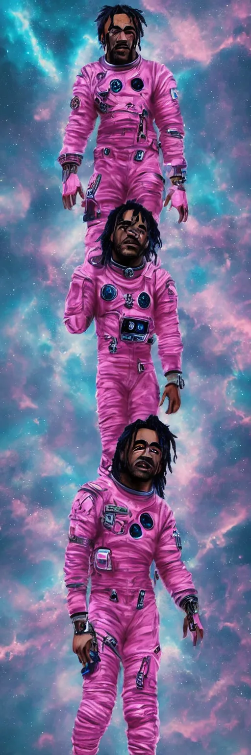 Image similar to Cinematic full body portrait of Lil Uzi Vert wearing a pink spacesuit, cinematic photograph, matte painting, trending on artstation, space clouds art