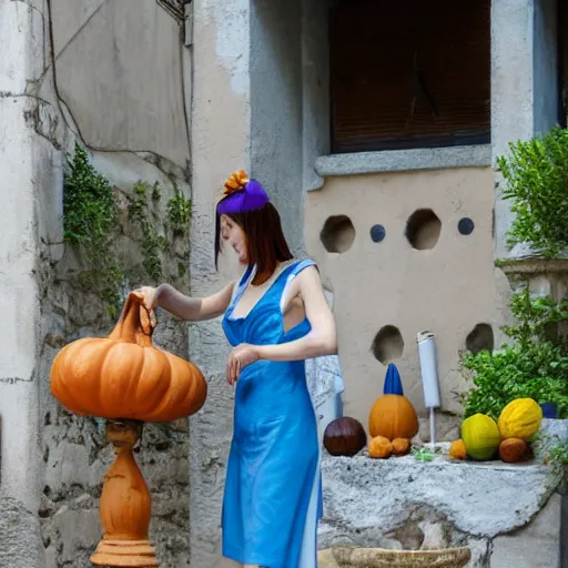 Image similar to anime girl in a greek attire pouring water out of a gourd into a fountain, spanish alleyway