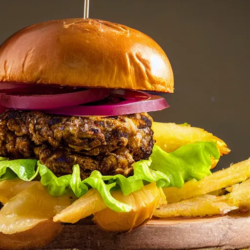 Image similar to juicy hamburger with crispy buns topped with pineapple, 8 k resolution, food photography, studio lighting, sharp focus, hyper - detailed